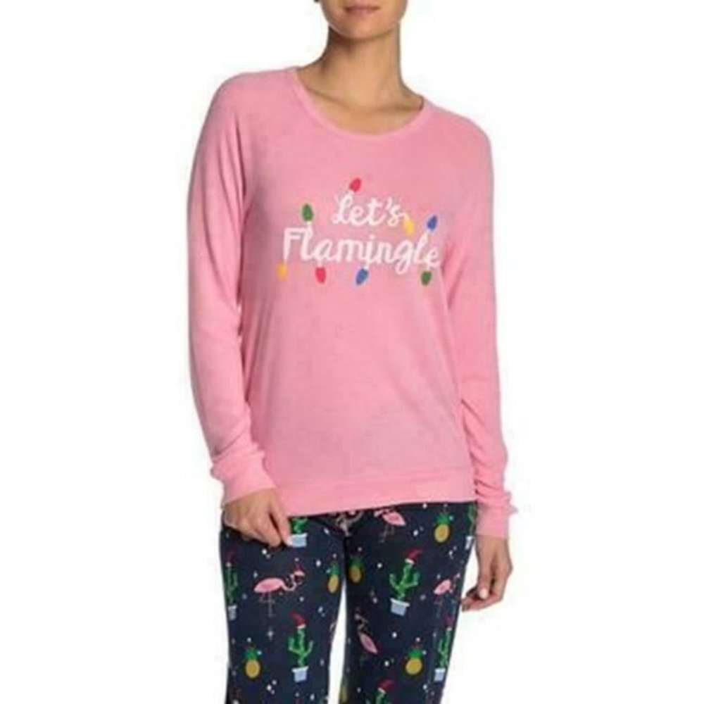 PJ Salvage Womens Sleepwear Pink Lets Flamingo Print Long Sleeve Pajama Top Sz S